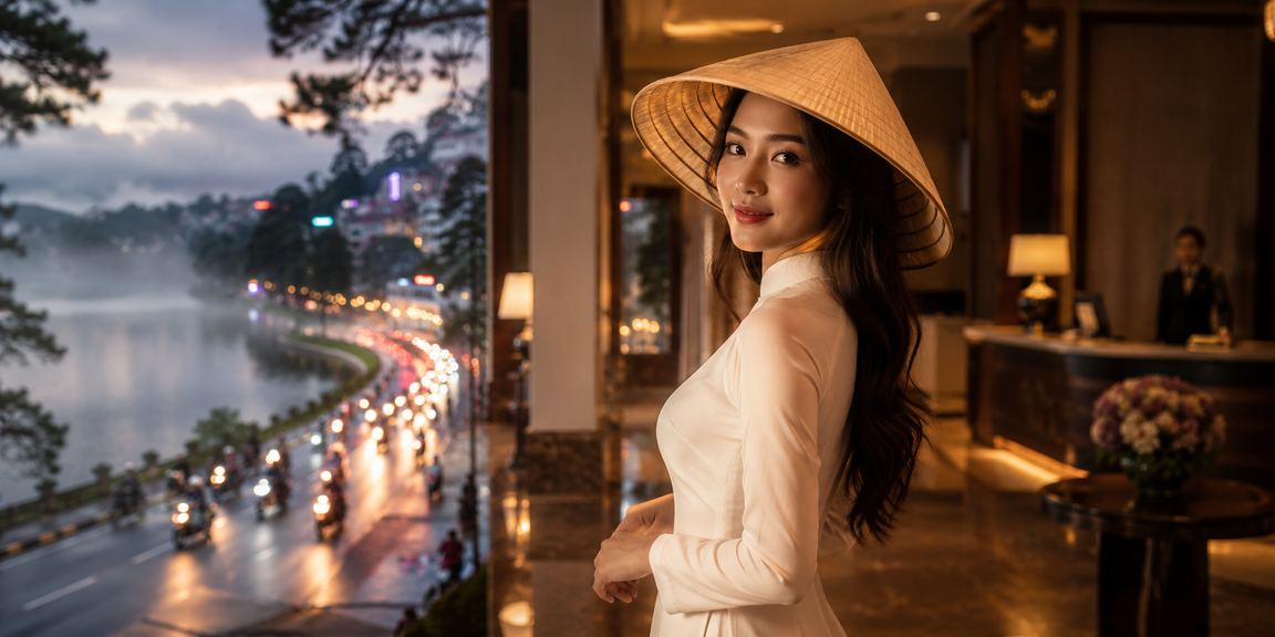 Người dùng đội nón lá tại Đà Lạt thực hiện nạp tiền và nhận thưởng an toàn qua điện thoại