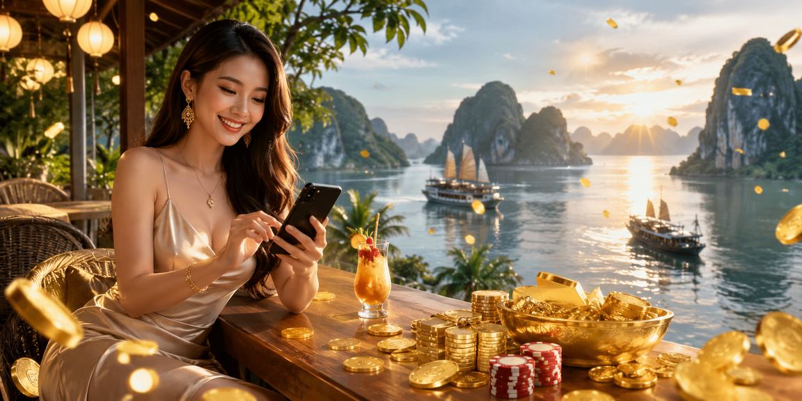 Người dùng kiểm tra giao dịch tài chính qua điện thoại bên vịnh Hạ Long