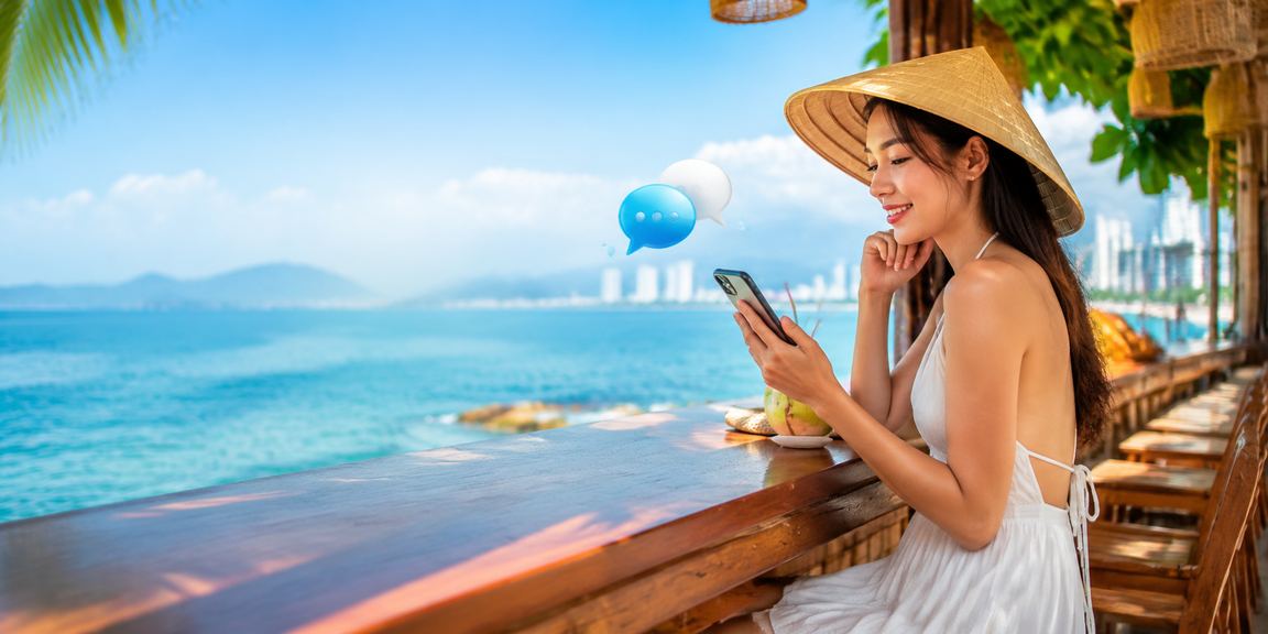 Người phụ nữ Nha Trang đội nón lá theo dõi kèo cá cược trên điện thoại